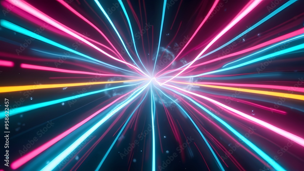 Dynamic Abstract Scene with Intersecting Neon Light Rays and Glowing Orbs Dynamic Abstract Scene with Intersecting Neon Light Rays and Glowing Orbs