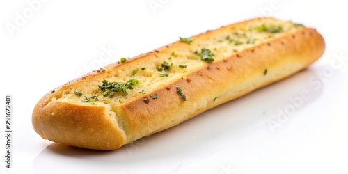 garlic, white background, crispy, snack, bread, herbs, seasoning,garlic bread, A close up view of a small garlic bread stick on a white background taken from a worm s eye perspective photo