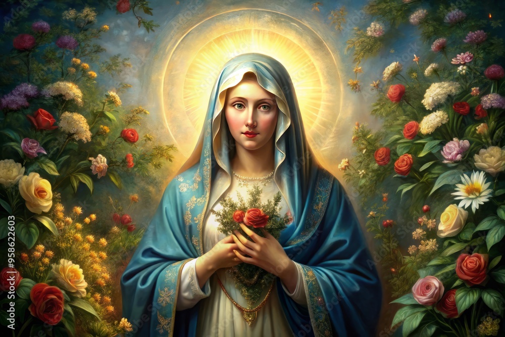 Elaborate 19th-century oil painting depicting a serene Virgin Mary with ...