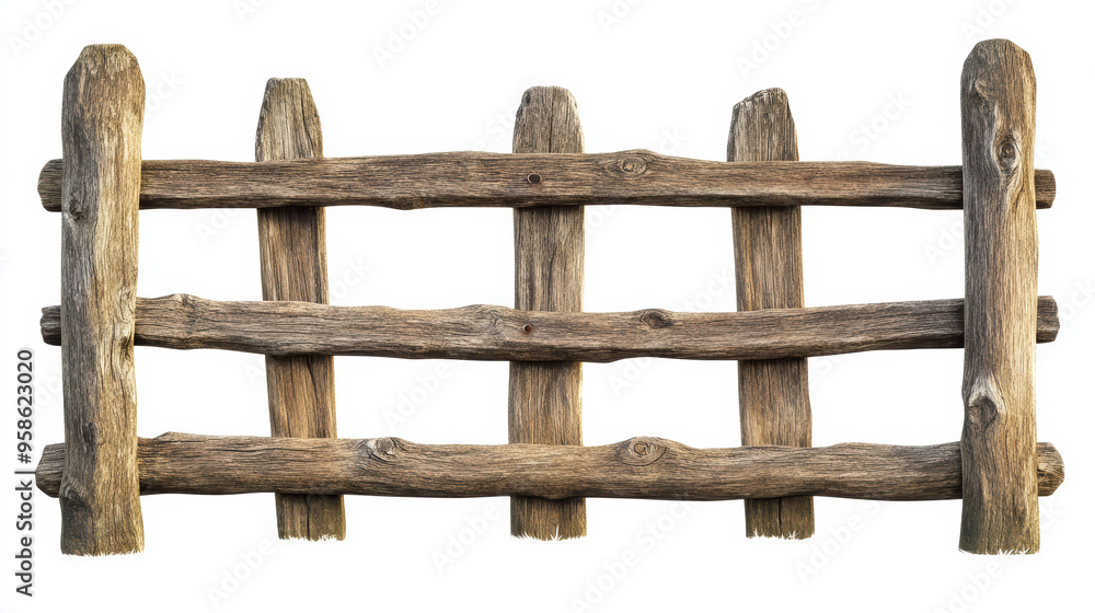 Rustic wooden fence segment made of weathered, natural wood planks, showcasing a countryside style, isolated on a white background. Rustic wooden fence segment made of weathered, natural wood planks, showcasing a countryside style, isolated on a white background.