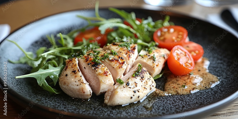 Grilled chicken breast slices served on a bed of arugula with cherry tomatoes and a creamy sauce. Grilled chicken breast slices served on a bed of arugula with cherry tomatoes and a creamy sauce.