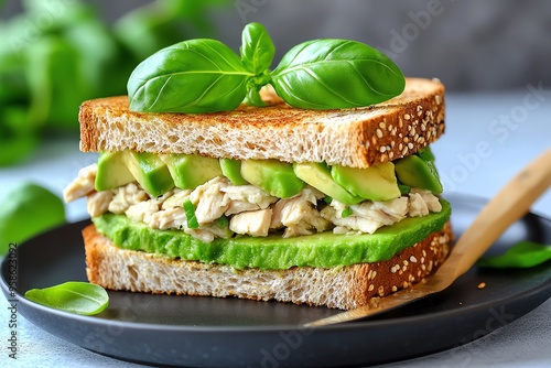 Frisches Sandwich, cremige Avocado, gerÃ¤uchertes HÃ¤hnchen schafft eine harmonische Kombination photo