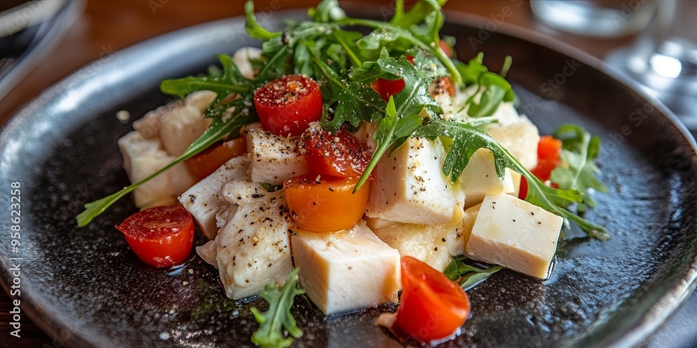 Close-up of a fresh salad with cherry tomatoes, mozzarella cheese and arugula. Close-up of a fresh salad with cherry tomatoes, mozzarella cheese and arugula.