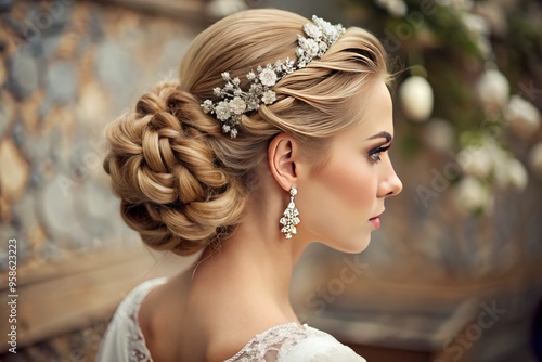 Elegant bride with intricately braided updo, adorned with delicate flowers and sparkling pins, showcases a timeless and photo