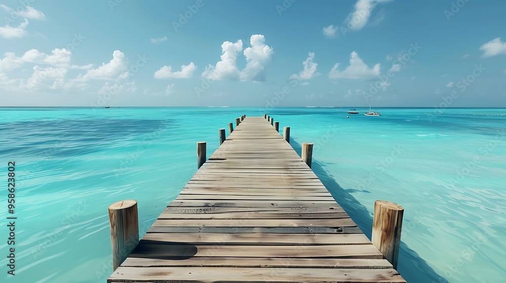 Fototapeta premium Beautiful turquoise water and a wooden pier in the Caribbean, Caribbean colors, clear sky, beautiful photography, bright colors, high resolution, high definition, sharp focus, high detail