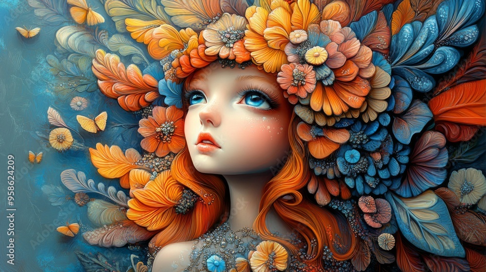 A dreamy girl with large blue eyes looks up in wonder, wearing an elaborate floral headdress in shades of orange and blue, symbolizing innocence and wonder. A dreamy girl with large blue eyes looks up in wonder, wearing an elaborate floral headdress in shades of orange and blue, symbolizing innocence and wonder.
