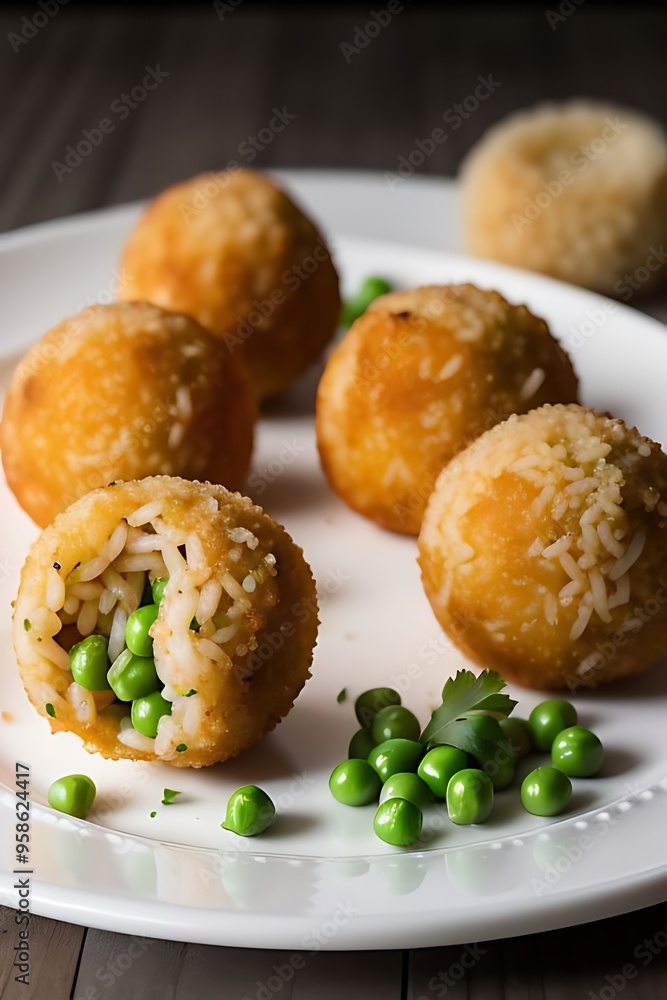 Fototapeta premium Arancini: Fried rice balls stuffed with cheese