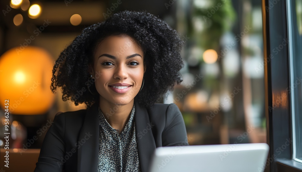 Portrait of a Smiling Woman with Curly Hair in a Cafe Portrait of a Smiling Woman with Curly Hair in a Cafe