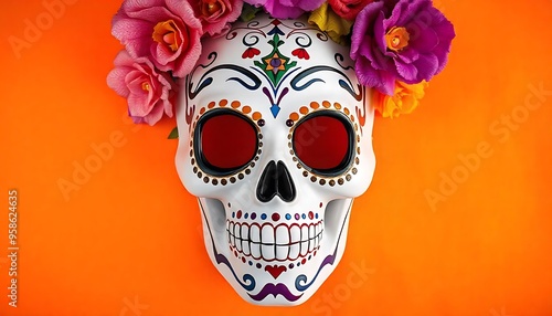 White and multicolored skull-shaped mask, typical of Mexico from the day of the dead, on a orange background costume and spirits concept, The Day of the Dead in Mexico City created with generative ai