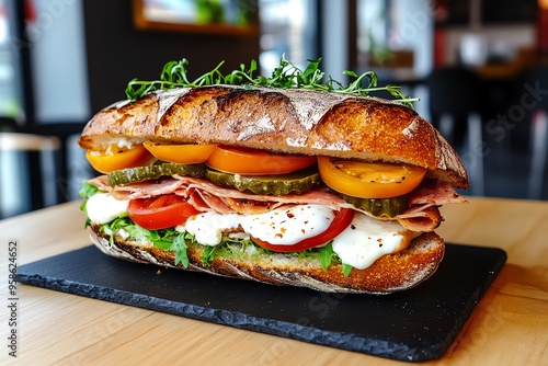 Frisches Sandwich, knuspriges Brot, frische Zutaten machen jeden Bissen zu einem Genuss photo