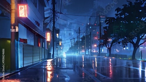 anime lofi cartoon style nighttime city street after rain wet asphalt reflections street lights buildings trees electric poles shadows urban video motion