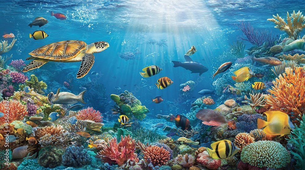 A vibrant underwater scene showcasing a sea turtle swimming among colorful fish and coral reefs in a thriving marine ecosystem A vibrant underwater scene showcasing a sea turtle swimming among colorful fish and coral reefs in a thriving marine ecosystem
