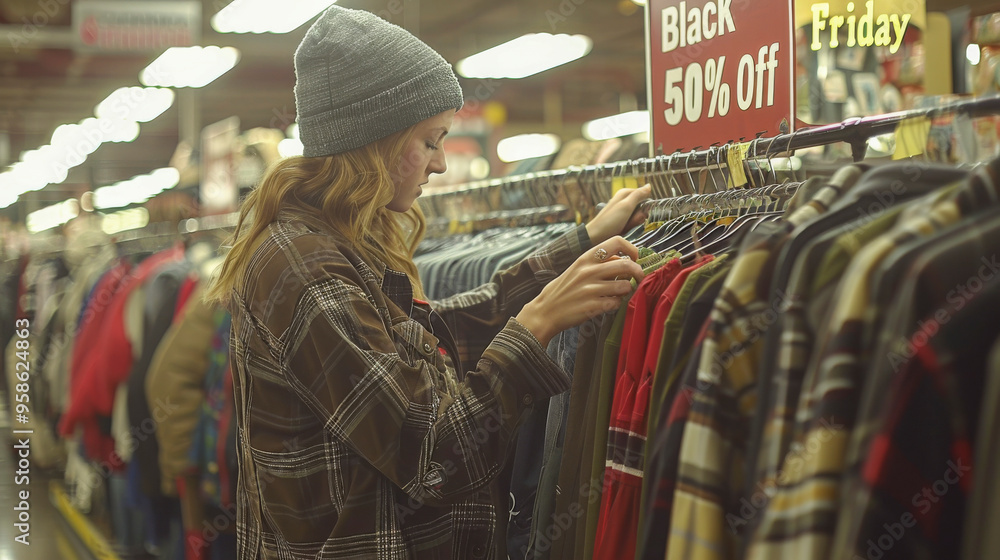 Young Woman Shopping for Clothes on Black Friday Sale at a Retail Store Young Woman Shopping for Clothes on Black Friday Sale at a Retail Store