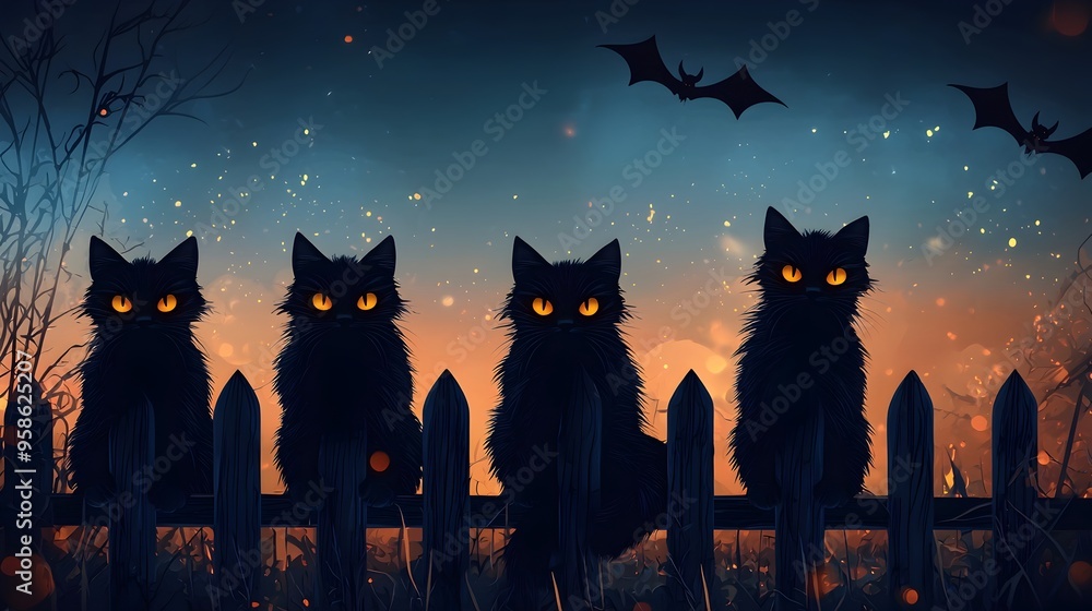 Creepy Black Cats Sitting on Fence with Bats Overhead in Mysterious Halloween Scene Creepy Black Cats Sitting on Fence with Bats Overhead in Mysterious Halloween Scene