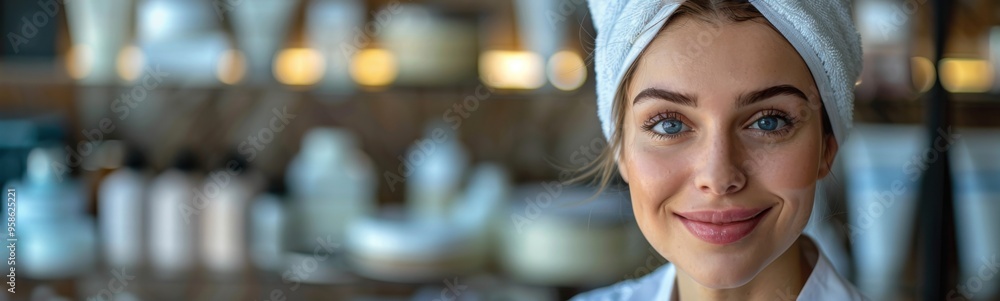 Smiling woman with a towel wrapped around her head, cosmetologist, banner, copy space Smiling woman with a towel wrapped around her head, cosmetologist, banner, copy space