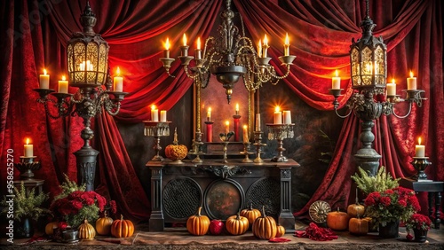 Elegant, ornate Victorian-era inspired Halloween decorations feature lanterns, candelabras, and intricate patterns