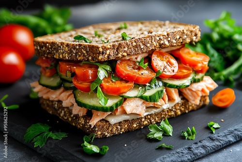 Frisches Sandwich, wÃ¼rziger Thunfisch, knackige rote Zwiebeln vereint Meeresaromen und Frische photo