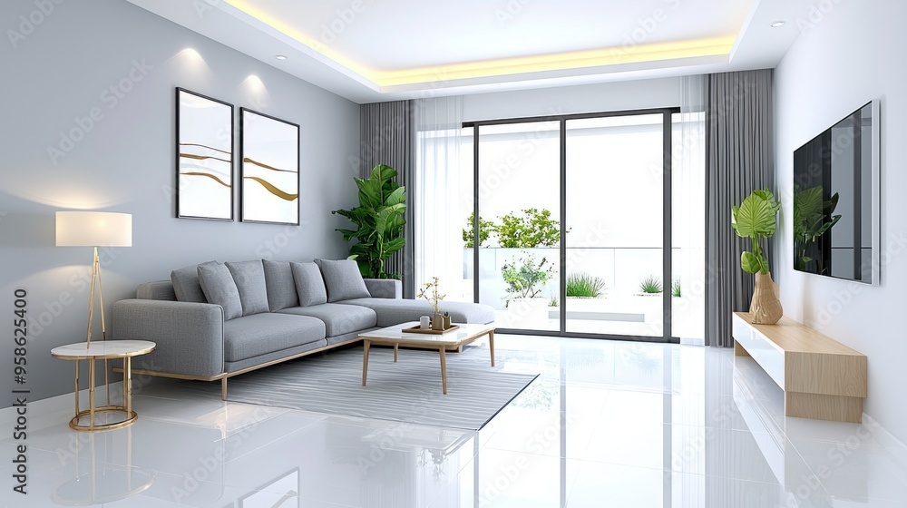 Serene Minimalist Living Room with Stylish Gray Furniture and Cozy Ambient Lighting Serene Minimalist Living Room with Stylish Gray Furniture and Cozy Ambient Lighting