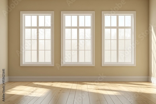 The modern interior of an empty room features large windows that let in a lot of natural light, rendered in 3D.