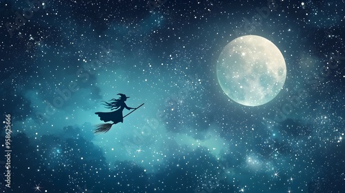 Witch Flying Across Spooky Halloween Sky with Moon and Stars Background