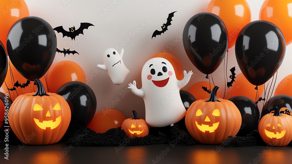 Cheerful Halloween scene with cute ghosts, pumpkins, and balloons in orange and black, perfect for festive celebrations. Cheerful Halloween scene with cute ghosts, pumpkins, and balloons in orange and black, perfect for festive celebrations.