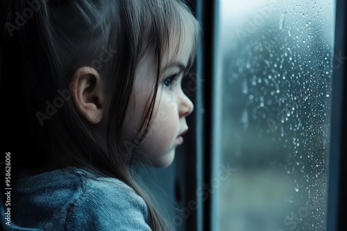 A young child gazes thoughtfully out of a rain-speckled window, capturing the essence of childhood curiosity and peaceful introspection on a gloomy day.