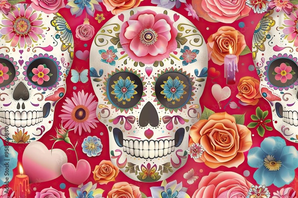 An intricate design of ornate sugar skulls adorned with floral elements on a vibrant red background, capturing the essence of Day of the Dead celebrations An intricate design of ornate sugar skulls adorned with floral elements on a vibrant red background, capturing the essence of Day of the Dead celebrations