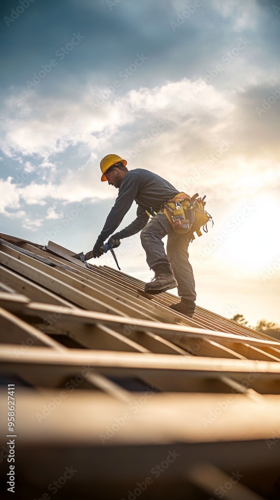 Roofer Working at Sunset Roofer Working at Sunset