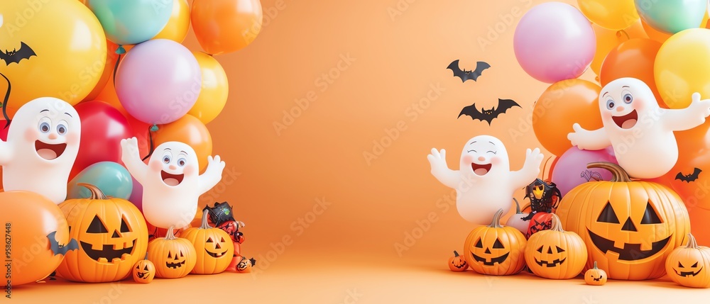 Colorful Halloween scene with playful ghosts, pumpkins, and vibrant balloons creating a festive atmosphere. Colorful Halloween scene with playful ghosts, pumpkins, and vibrant balloons creating a festive atmosphere.