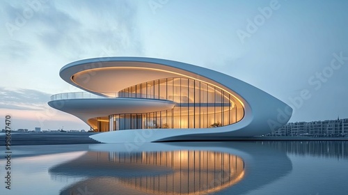 Futuristic Modern Architecture Reflected in Calm Water