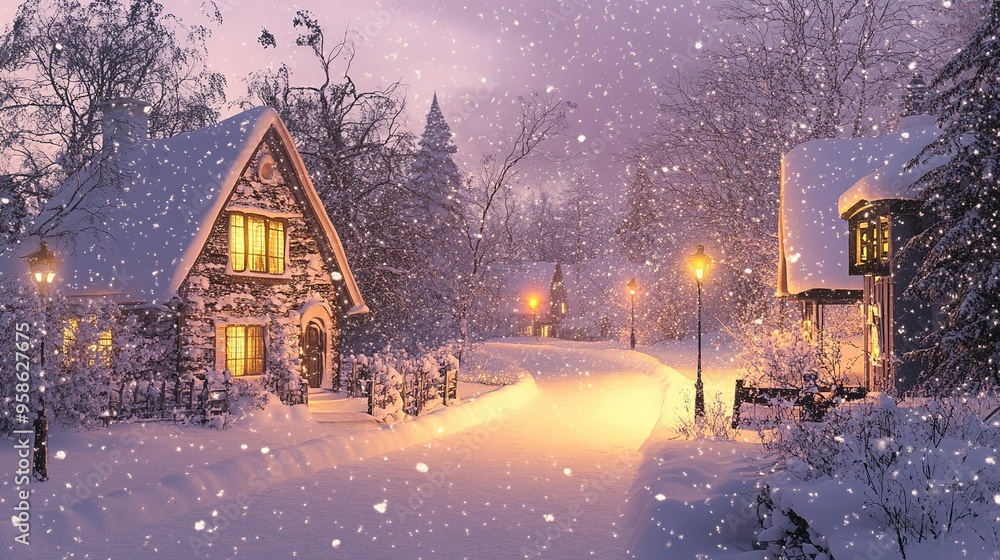 Charming winter evening in a snowy village with illuminated cottages and gentle falling snowflakes Charming winter evening in a snowy village with illuminated cottages and gentle falling snowflakes