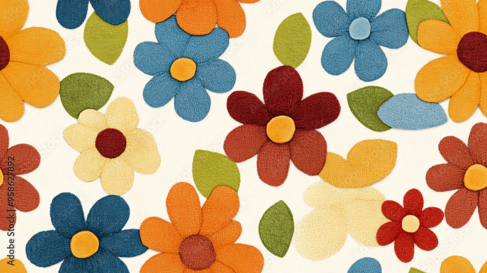 Colorful Felt Flower Pattern: A cheerful and playful seamless pattern featuring vibrant felt flowers in various colors, perfect for crafting, scrapbooking, and adding a touch of whimsy to your designs Colorful Felt Flower Pattern: A cheerful and playful seamless pattern featuring vibrant felt flowers in various colors, perfect for crafting, scrapbooking, and adding a touch of whimsy to your designs