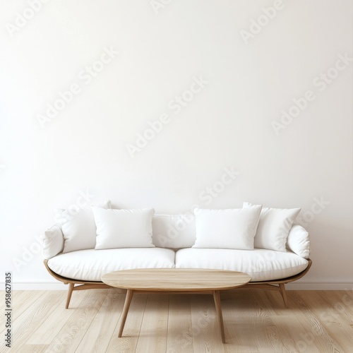 A 3D rendering of a luxury living room with a white wall pattern background and an empty wall.