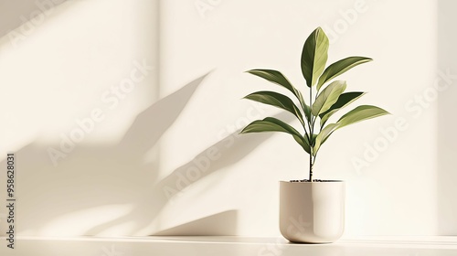 A potted plant with green leaves in a white pot against a white wall