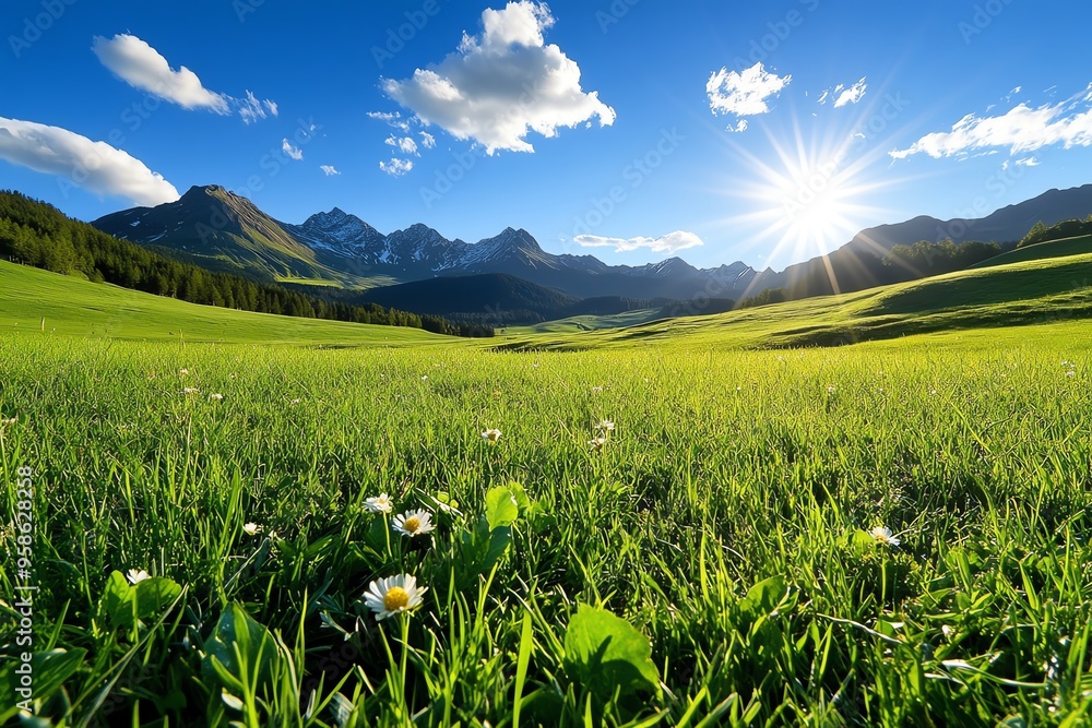 Golden hour, alpine meadows, distant peaks offer a picturesque scene that captivates the viewer Golden hour, alpine meadows, distant peaks offer a picturesque scene that captivates the viewer