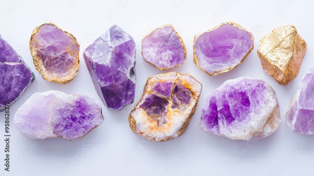 Polished purple and gold stones with cracked surfaces, arranged on a white background. Ideal for use in luxury jewelry branding, creative design projects, or art installations. Polished purple and gold stones with cracked surfaces, arranged on a white background. Ideal for use in luxury jewelry branding, creative design projects, or art installations.