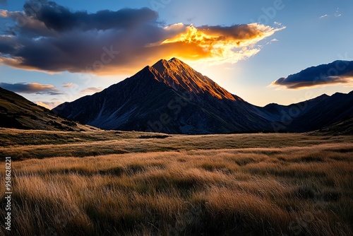 Golden hour, mountain silhouette, deep shadows create a dramatic interplay of light and dark photo