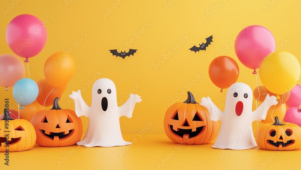 Colorful Halloween scene with cheerful ghosts, carved pumpkins, and festive balloons against a bright yellow background. Colorful Halloween scene with cheerful ghosts, carved pumpkins, and festive balloons against a bright yellow background.