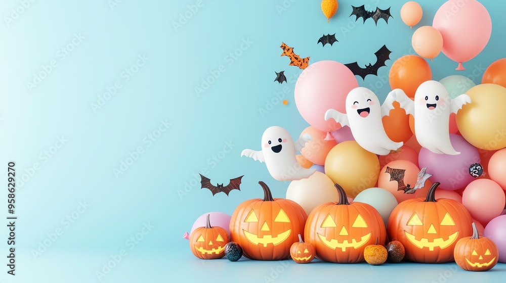 Fototapeta premium A festive Halloween scene featuring playful ghosts, colorful balloons, and carved pumpkins ready for celebration.