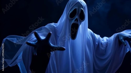 spooky halloween ghost figure scary outstretched hands floating haunted horror dramatic lighting mysterious atmosphere eerie presence motion video