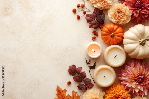 Autumnal Still Life with Candles, Pumpkins, and Flowers