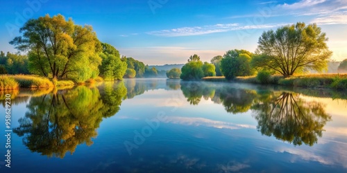 nature, reflected,tranquil, calm, river, Tranquil morning reflections on a calm river in nature reflected