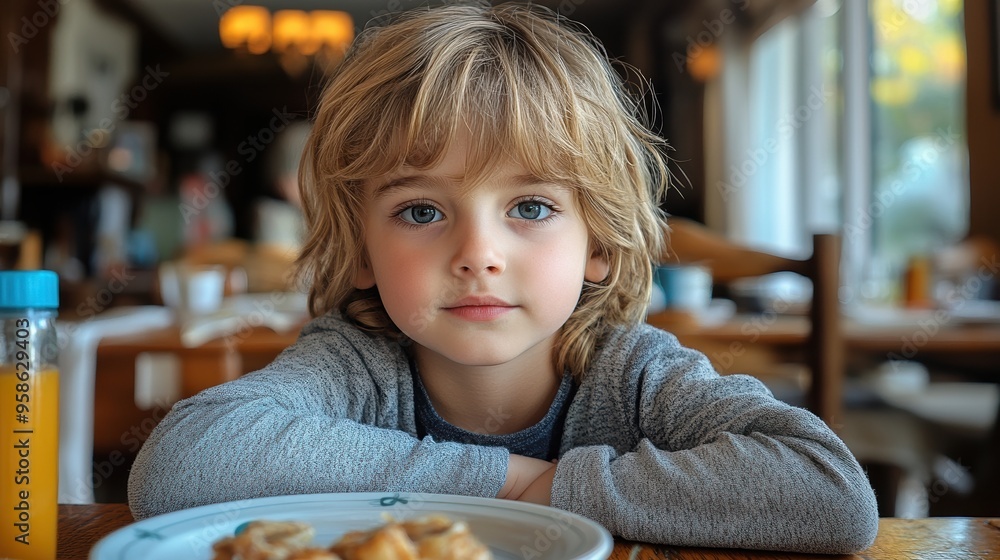 A young child with blonde hair enjoys breakfast at a cozy dining table, with a plate of food and orange juice in a warmly lit room A young child with blonde hair enjoys breakfast at a cozy dining table, with a plate of food and orange juice in a warmly lit room