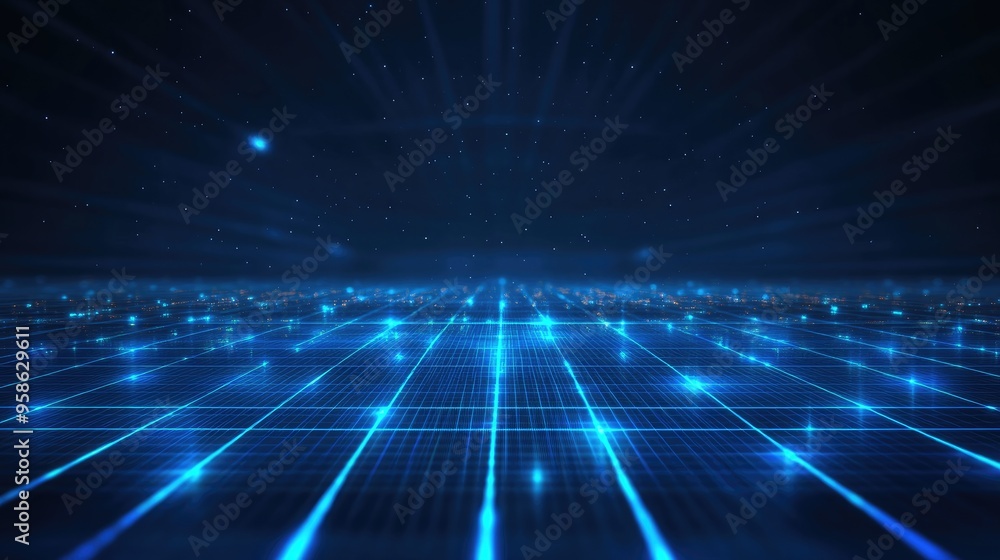 Abstract digital grid with glowing blue lines, creating a dynamic and futuristic technological atmosphere. Abstract digital grid with glowing blue lines, creating a dynamic and futuristic technological atmosphere.