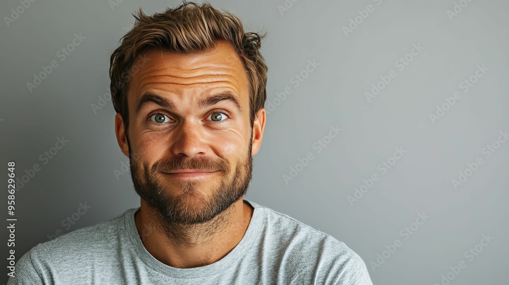 A man with a beard and a smirk, looking to the left, against a grey background A man with a beard and a smirk, looking to the left, against a grey background
