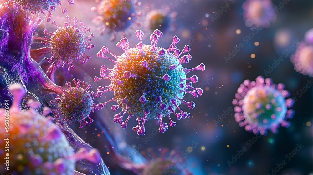 Microscopic View of Multiple Coronavirus Particles Microscopic View of Multiple Coronavirus Particles
