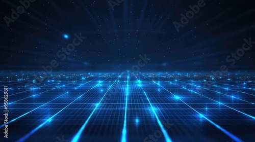 Abstract digital grid with glowing blue lines, creating a dynamic and futuristic technological atmosphere.