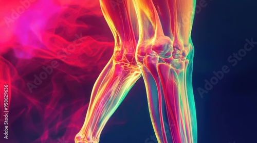 A vibrant and colorful depiction of a human leg showcasing skeletal and muscular structures, highlighting anatomy in detail.