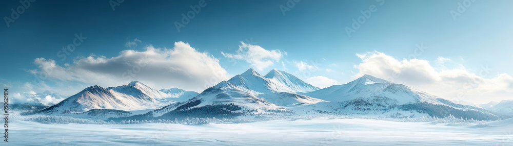 Panoramic view of snow-covered mountains under a clear blue sky with fluffy clouds. Serene winter landscape perfect for nature and travel themes. Panoramic view of snow-covered mountains under a clear blue sky with fluffy clouds. Serene winter landscape perfect for nature and travel themes.