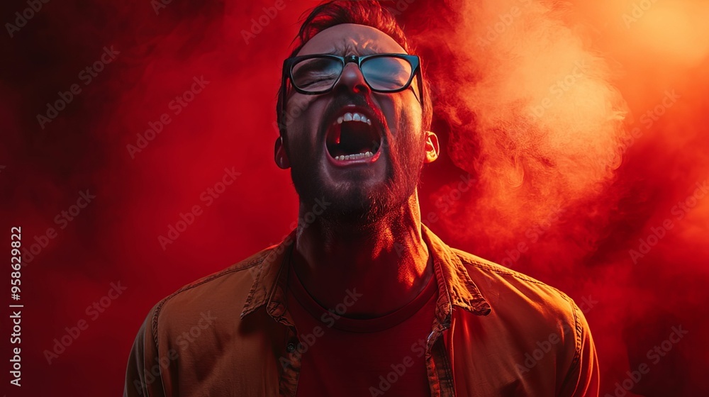 A Man With Glasses Shouting in a Red Haze A Man With Glasses Shouting in a Red Haze